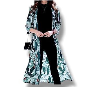 RACHEL ZOE Tropical Leaf Print Kimono Midi Length One Size Beach Cover Layer